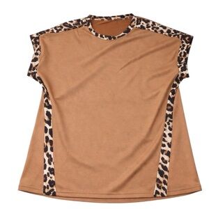NWOT Boutique Tan Leopard Print Colorblock Top | Casual Mom Life Chic Tee